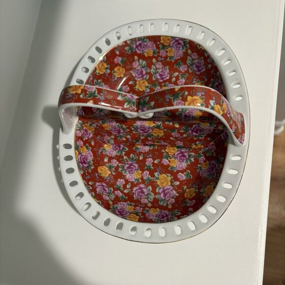 Vintage Chintz Pattern Floral Rose Ceramic Pottery Handle Divided Trinket Dish - Picture 5 of 8